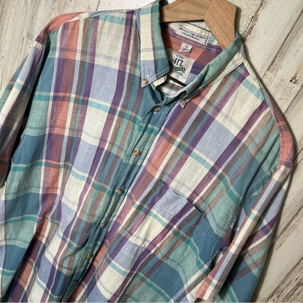 Van Heusen 100% Cotton Madras Plaid Short Sleeve Button Down‎ Shirt Mens Medium